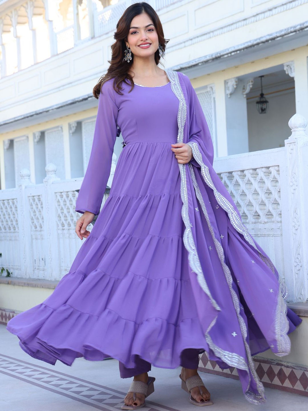 

KALINI Women Layered Kurta with Trousers & With Dupatta, Lavender