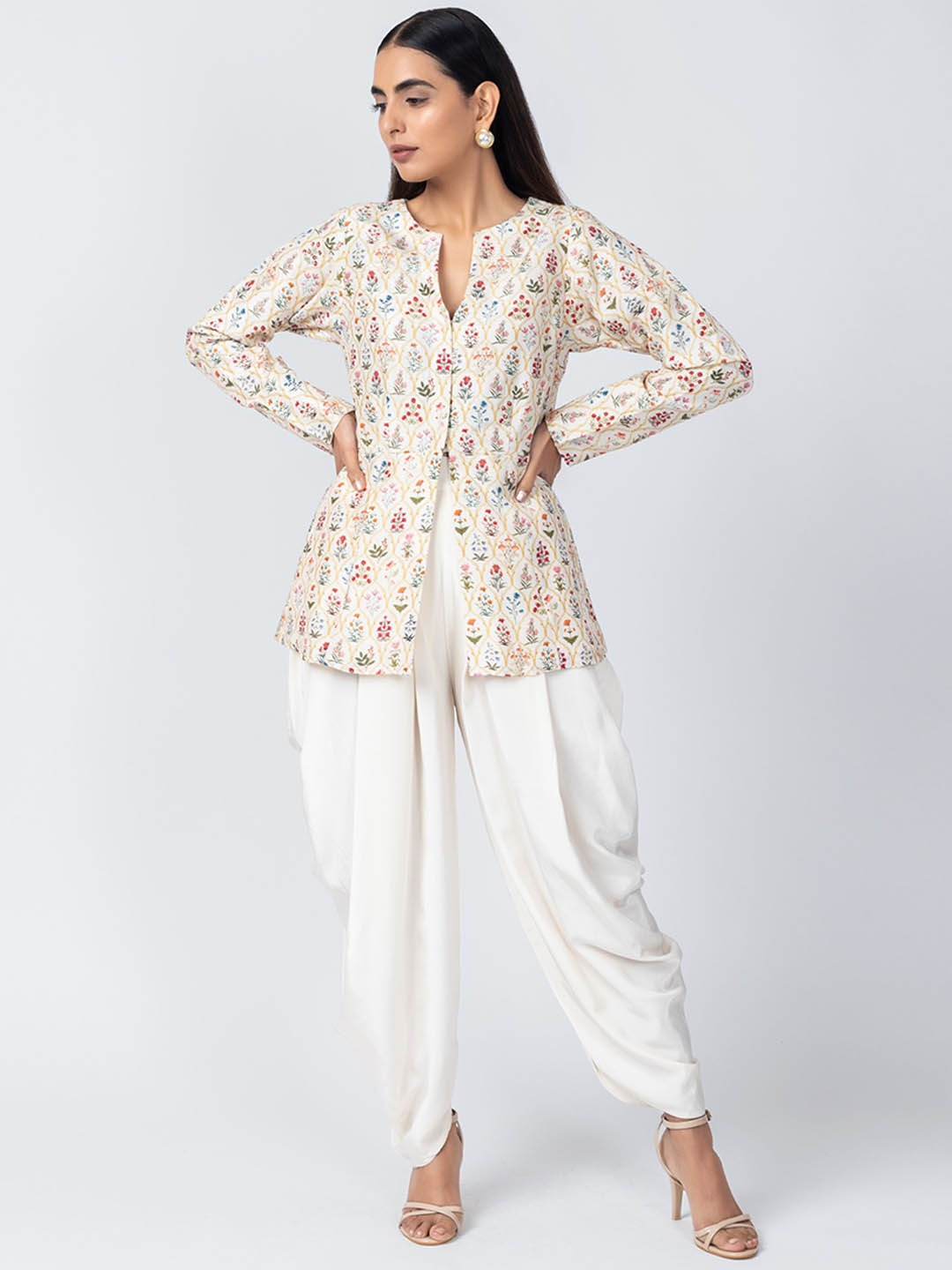 

Label Naariti Floral Printed Notch Neck Top With Salwar, White