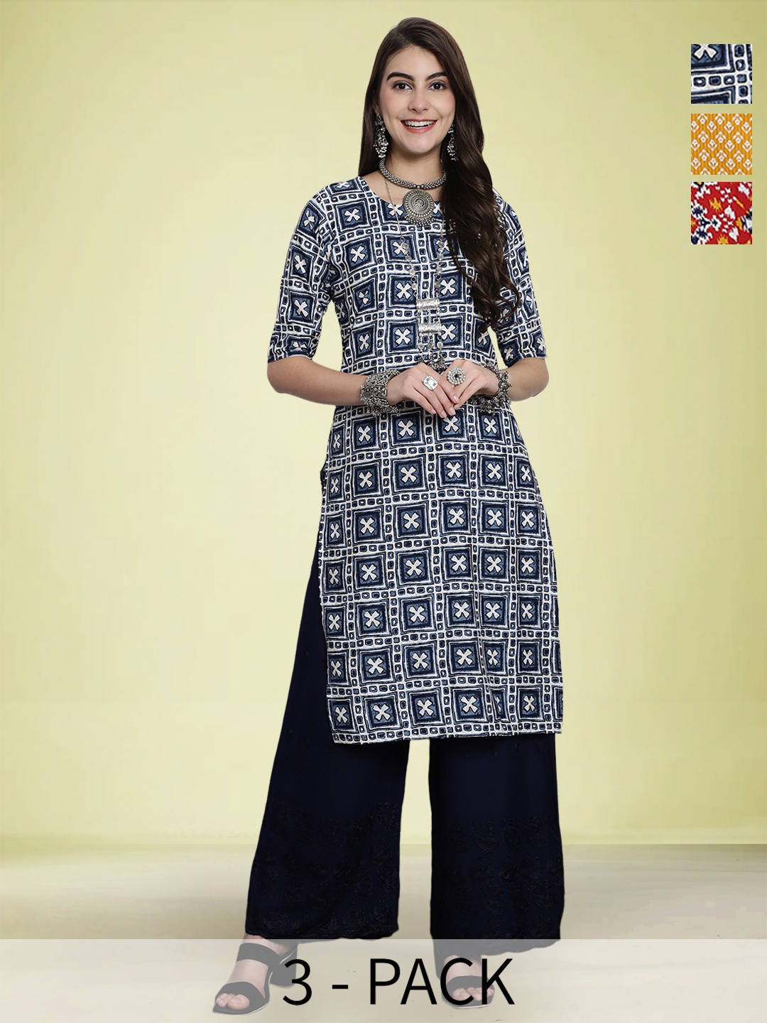 

Moda Rapido Selection Of 3 Geometric Printed Round Neck Straight Kurtas, Blue