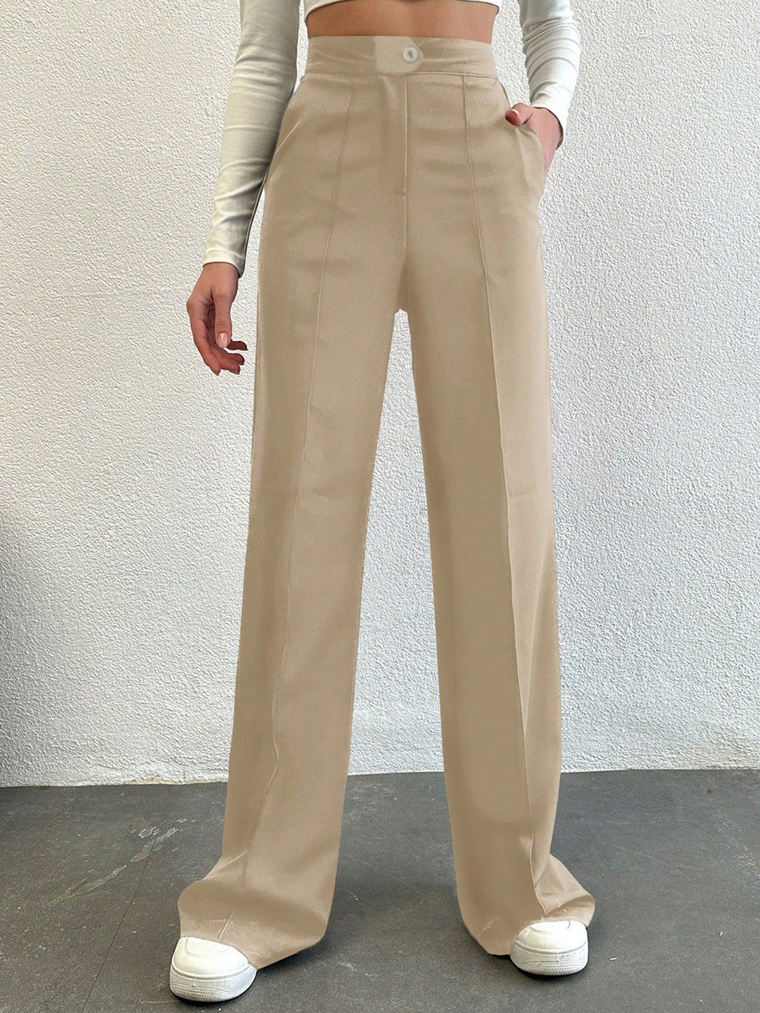 

NUCOUTHS Women Relaxed Straight Leg Straight Fit High-Rise Pleated Trousers, Beige