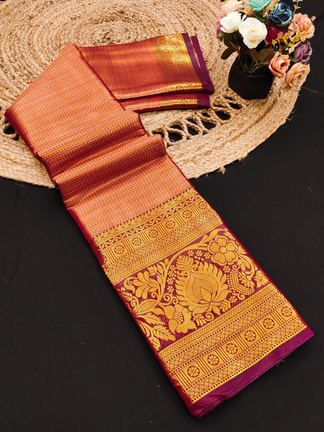

Mitera Woven Design Zari Pure Silk Kanjeevaram Saree, Orange