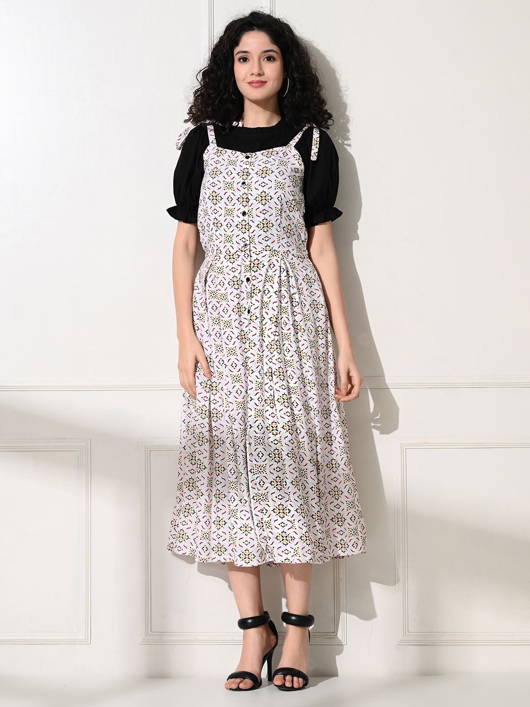 

SHINISHA Ethnic Motifs Print Puff Sleeve A-Line Midi Dress, Cream