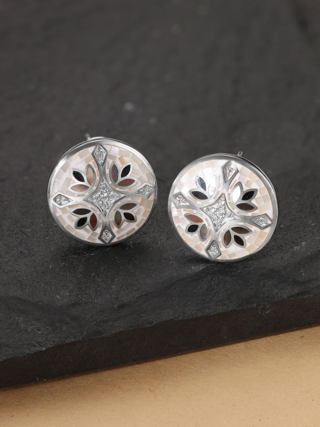 

Mia by Tanishq Mosaic Charm Pearls Studded Circular Shaped Studs, Silver