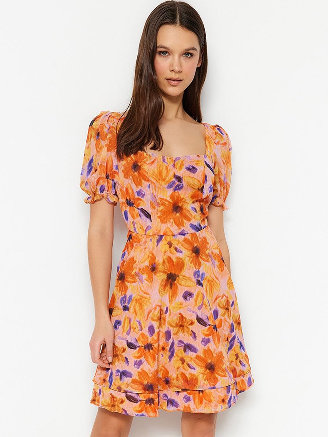 

Trendyol Floral Print Puff Sleeve Fit & Flare Dress, Na