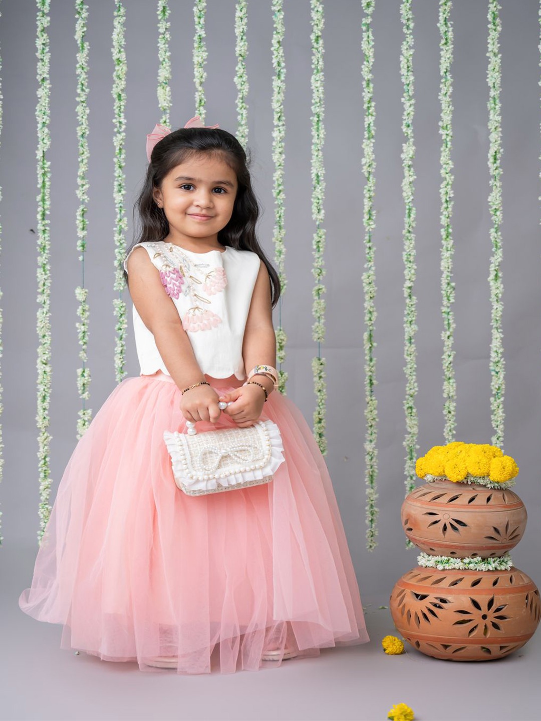 

LABEL NEETI Girls Ready to Wear 3D Embroidered Top With Tulle Skirt, Pink