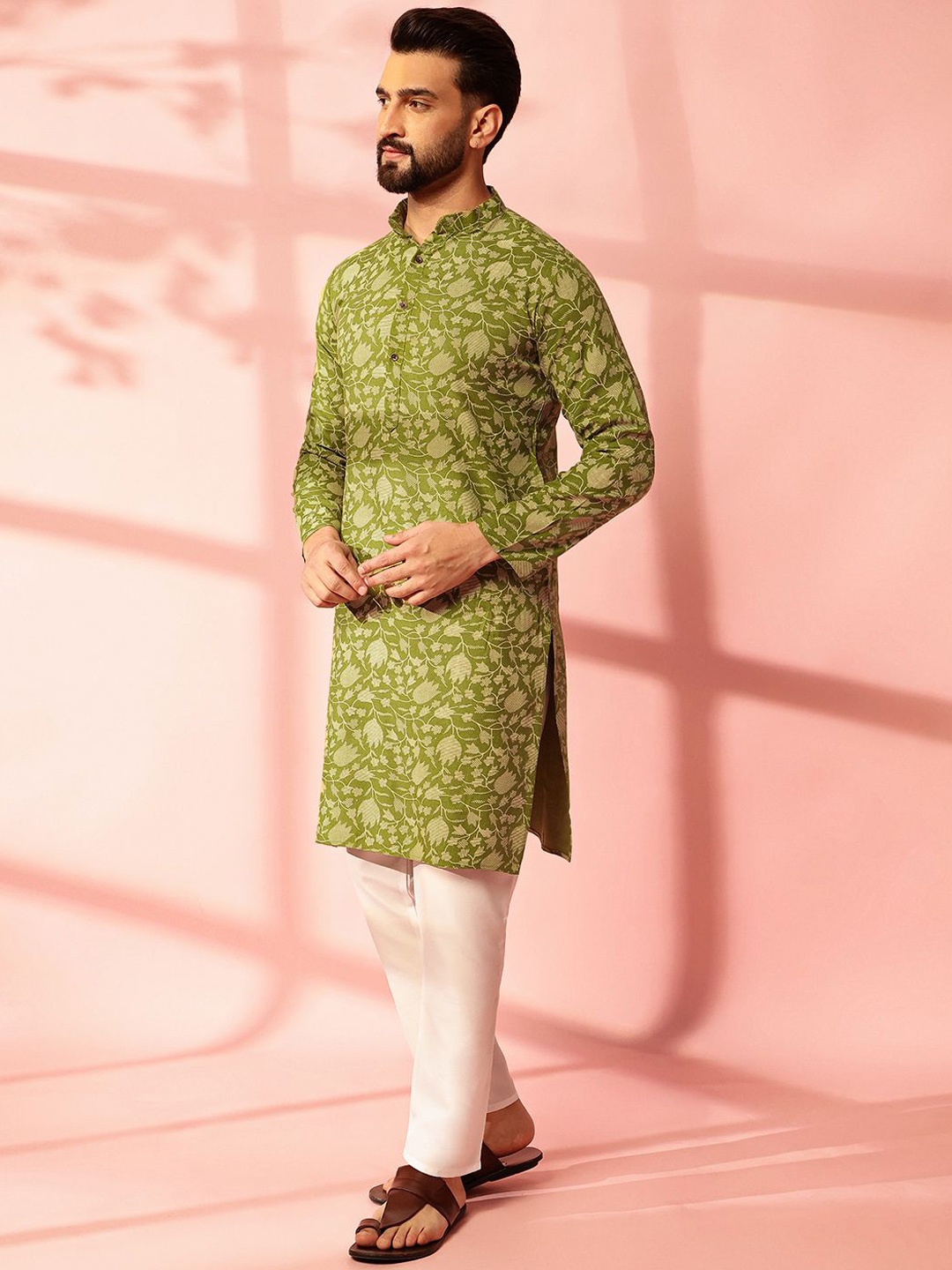

Anouk Floral Printed Band Collar Cotton Linen Straight Kurta, Green