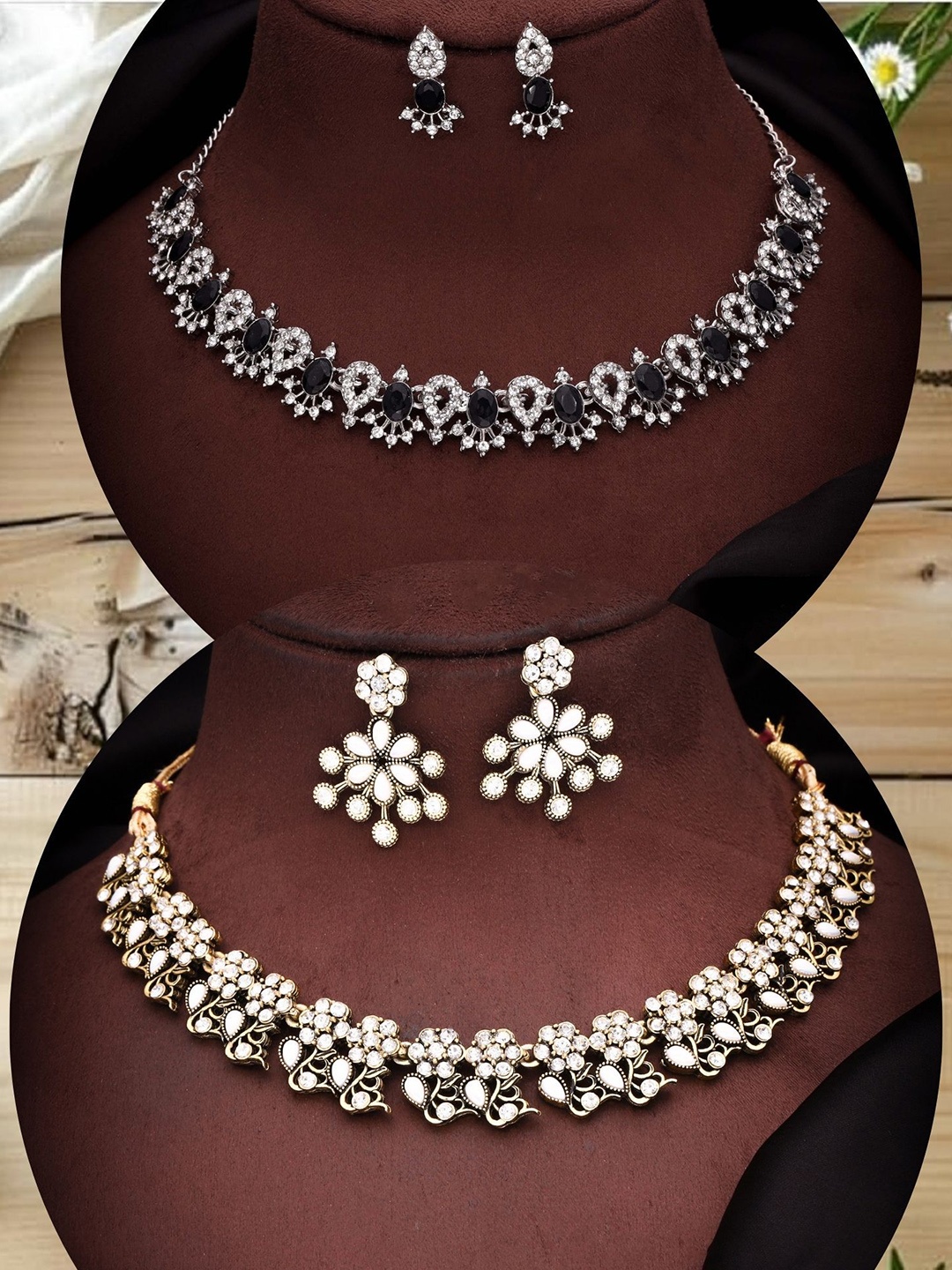 

DIVASTRI Set Of 2 Gold & Silver-Plated AD-Studded Jewellery Sets