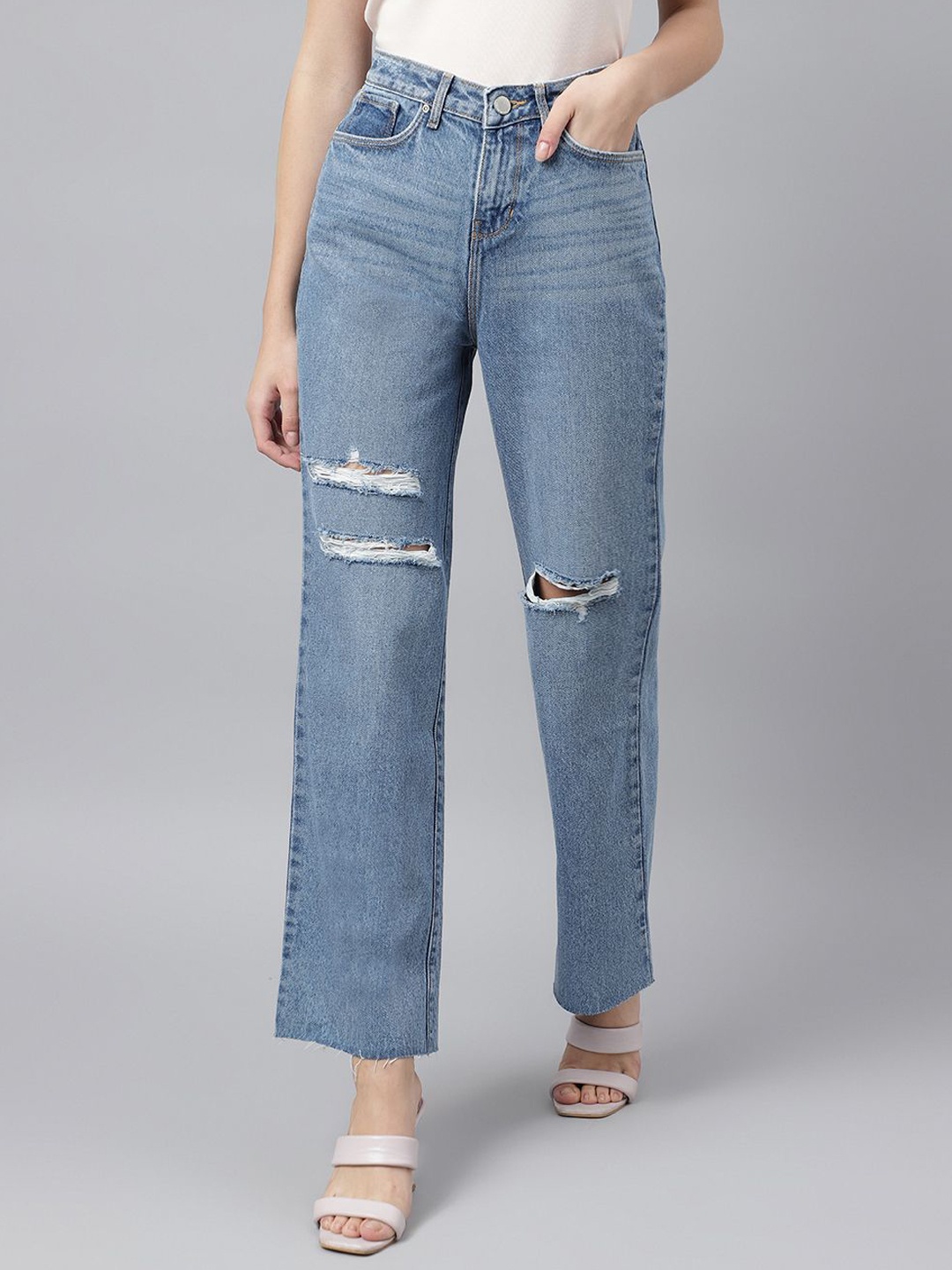 

Xpose Women Comfort Wide Leg High-Rise Mildly Distressed Jeans, Blue