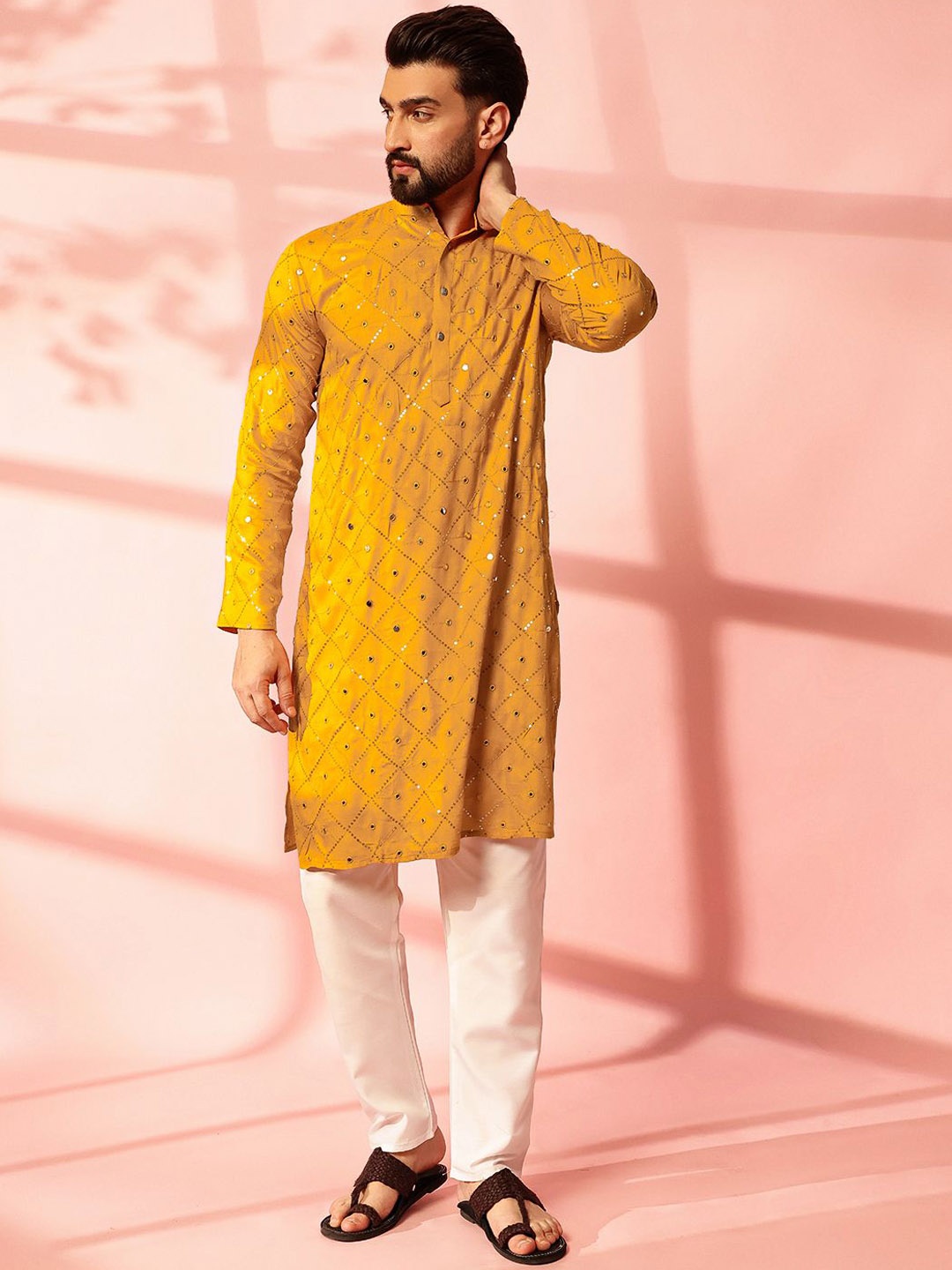 

Anouk Men Embroidered Regular Mirror Work Pure Cotton Kurta with Pyjamas, Mustard