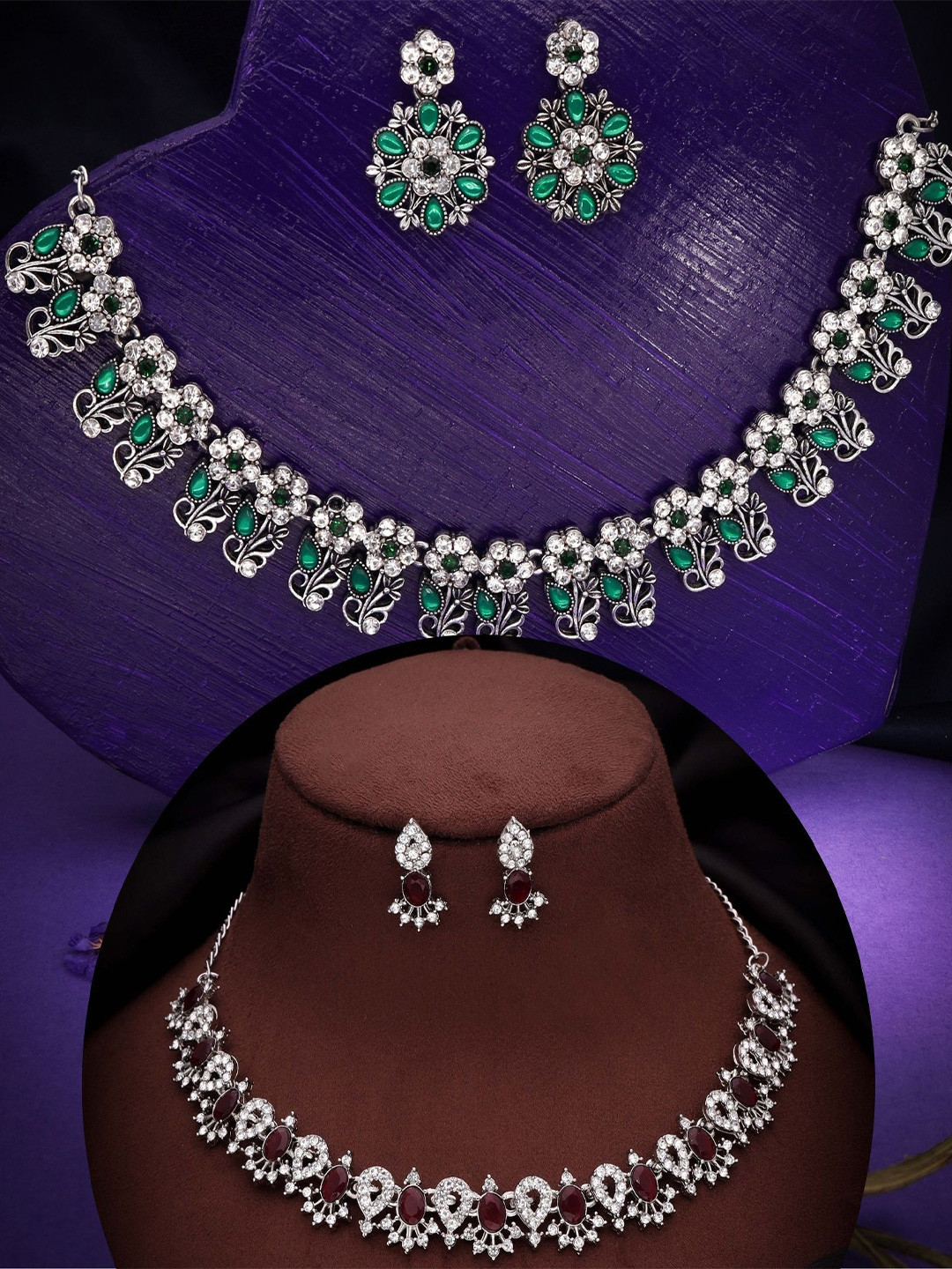 

DIVASTRI Set Of 2 Silver-Plated American Diamond-Studded Jewellery Sets