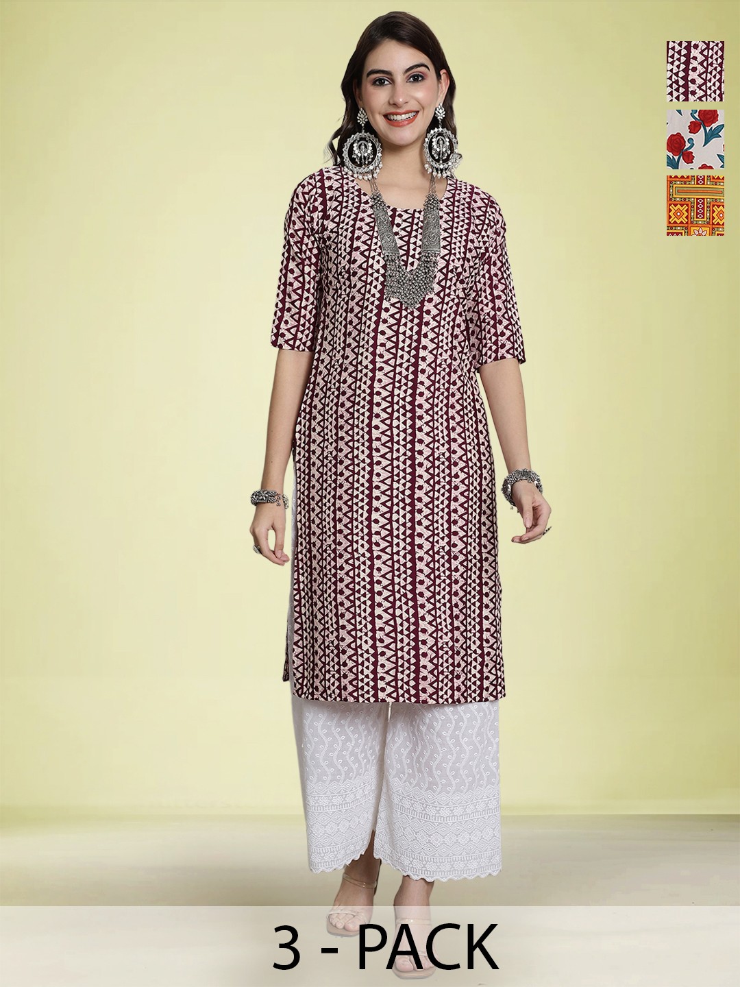 

Moda Rapido Selection Of 3 Ethnic Motifs Printed Round Neck Straight Kurtas, Maroon