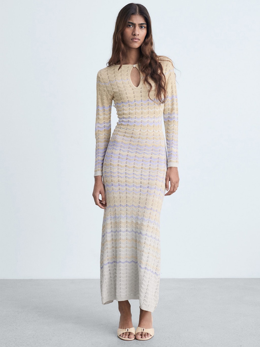 

MANGO Keyhole Neck Open Knit Bodycon Maxi Dress, Beige
