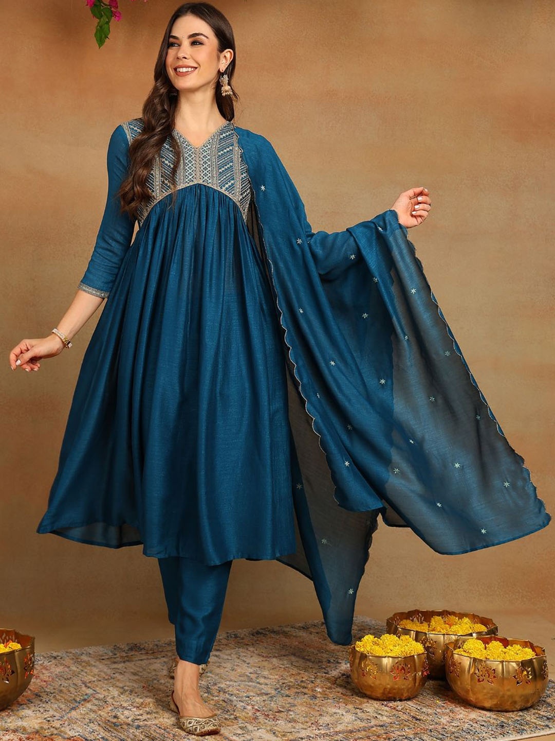 

House of Pataudi Women Solid Embroidered A-Line Kurta With Trousers & Dupatta, Blue
