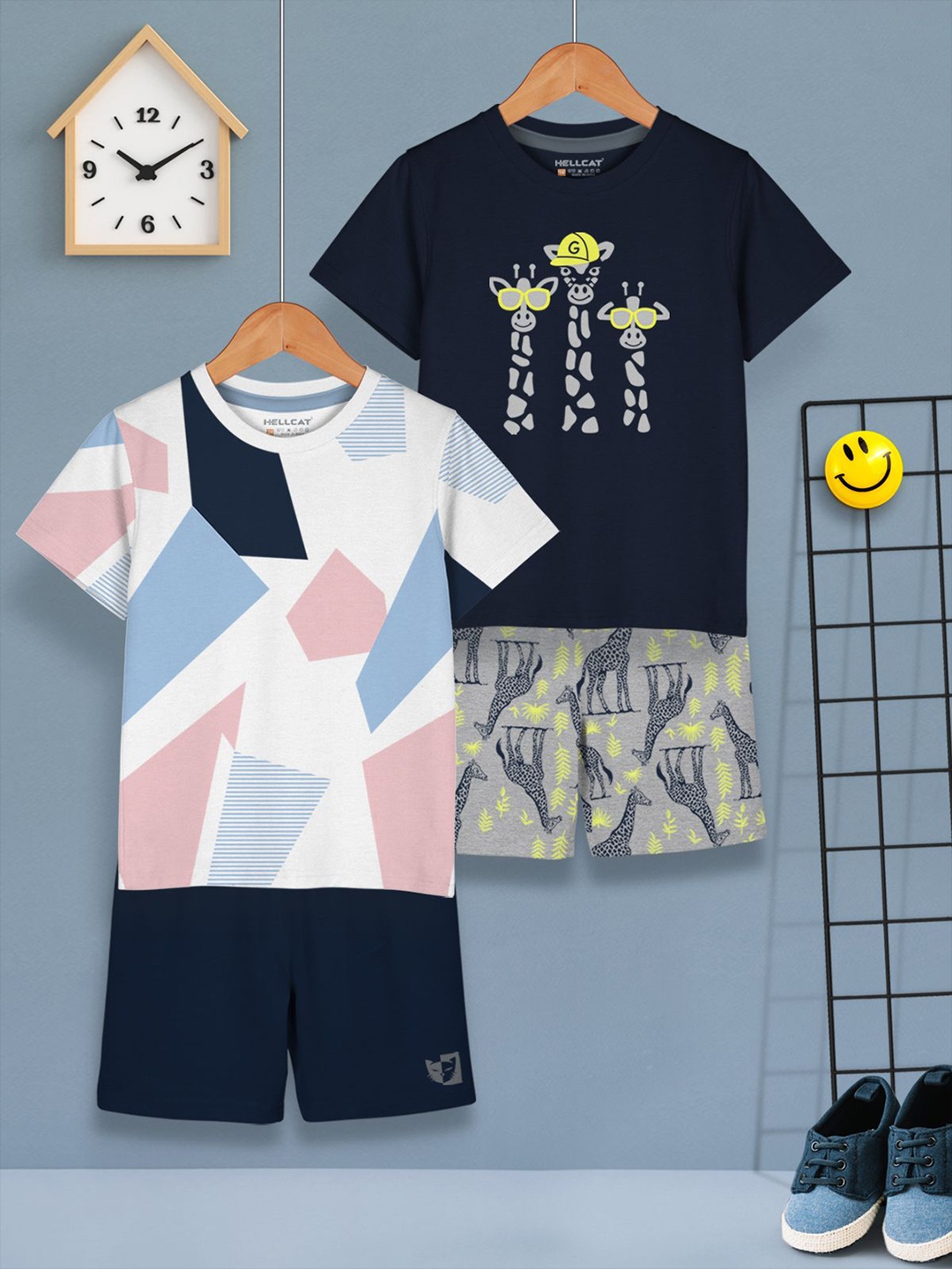 

HELLCAT Boys Pack of 2 Printed Round Neck T-Shirts With Shorts, Navy blue