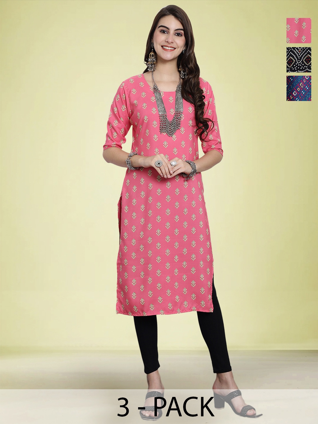 

Moda Rapido Selection Of 3 Geomtric Printed Round Neck Straight Kurtas, Pink