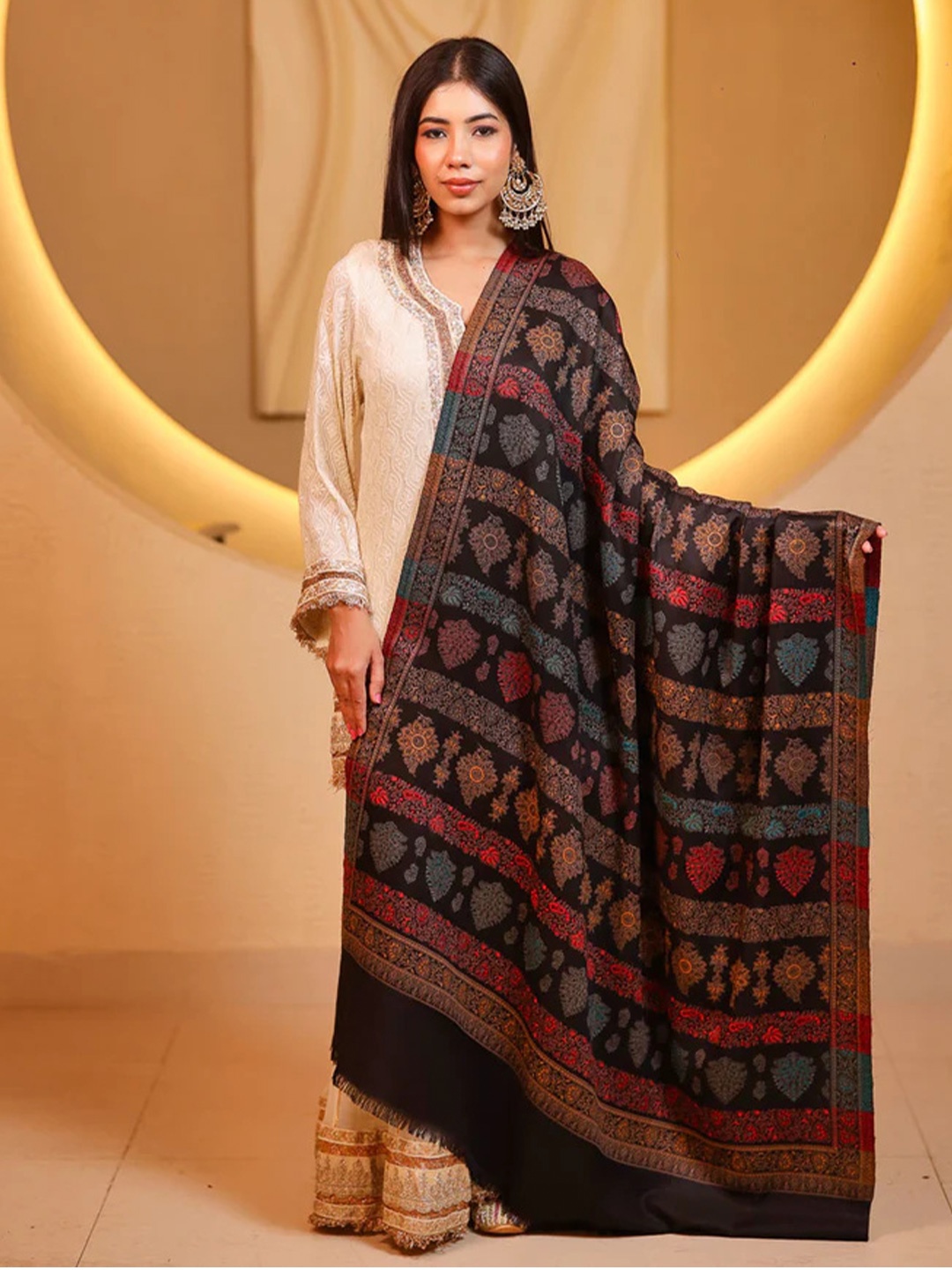 

THE SHAWL STUDIO Ethnic Motifs Printed Woolen Shawl, Black