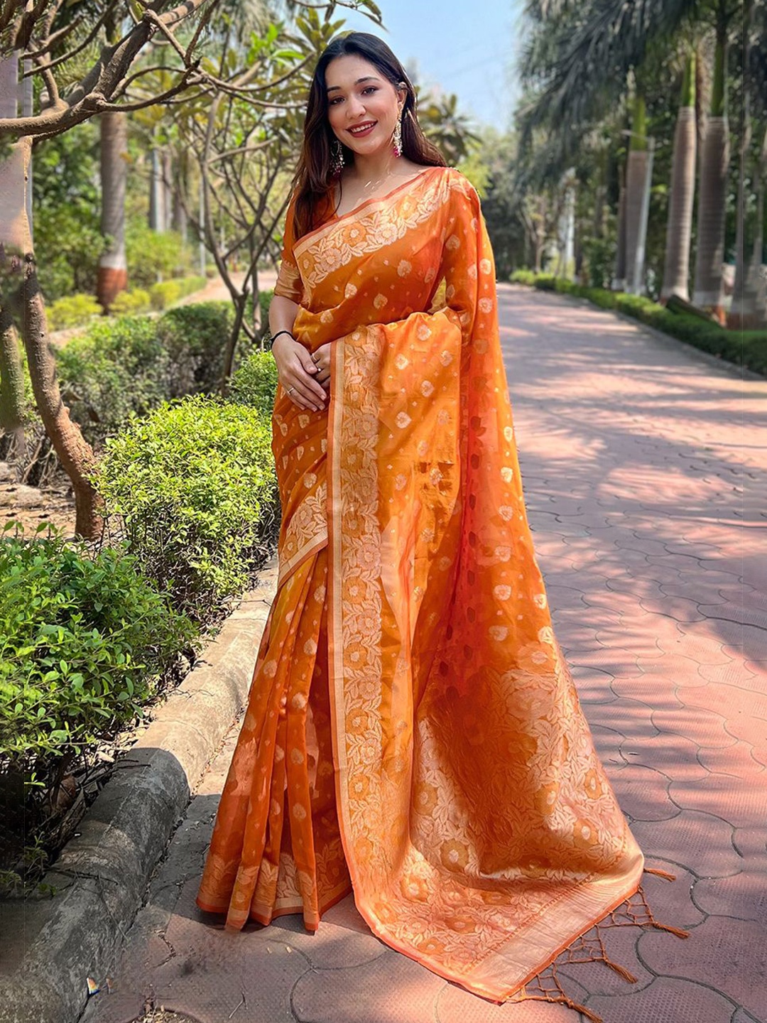 

all about you Woven Design Zari Silk Blend Banarasi Saree, Orange