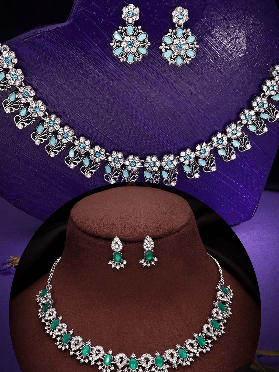 

DIVASTRI Set Of 2 Silver-Plated American Diamond Studded Jewellery Sets