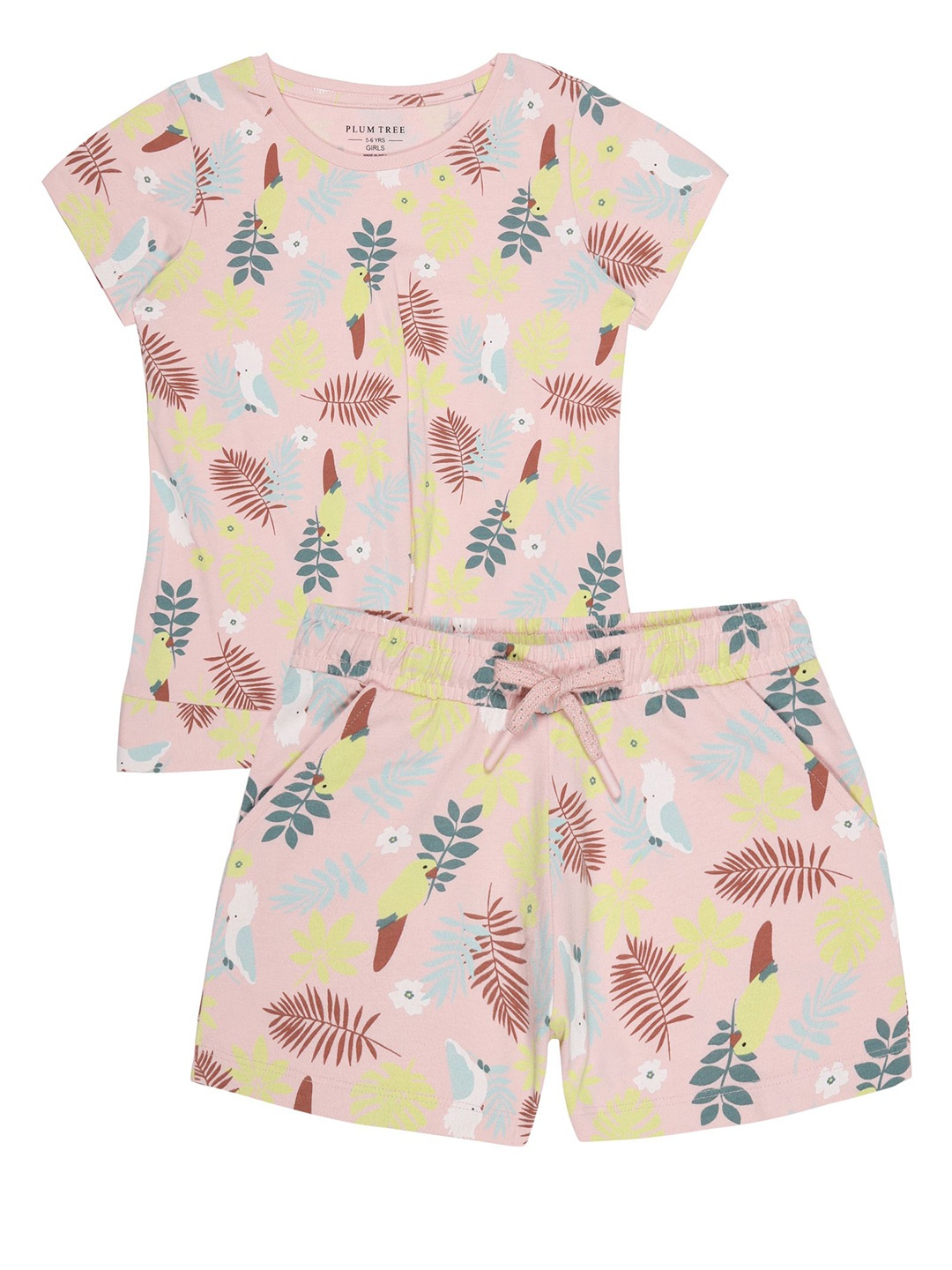 

PLUM TREE Girls Printed Round Neck Pure Cotton T-shirt With Shorts, Pink