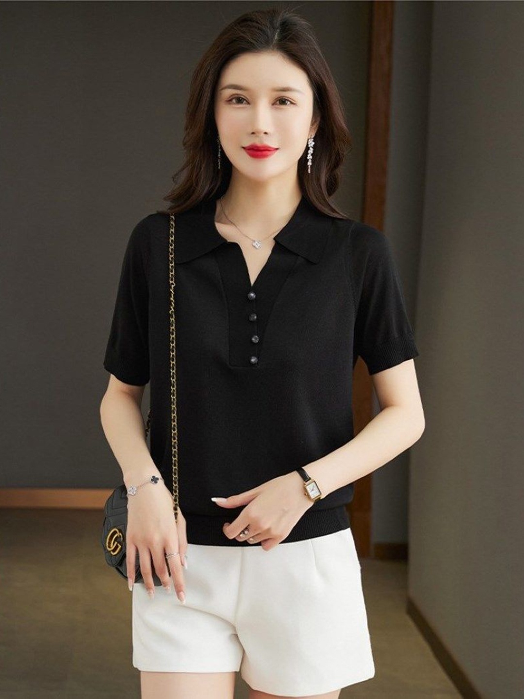 

StyleCast Women Polo Collar T-shirt, Black