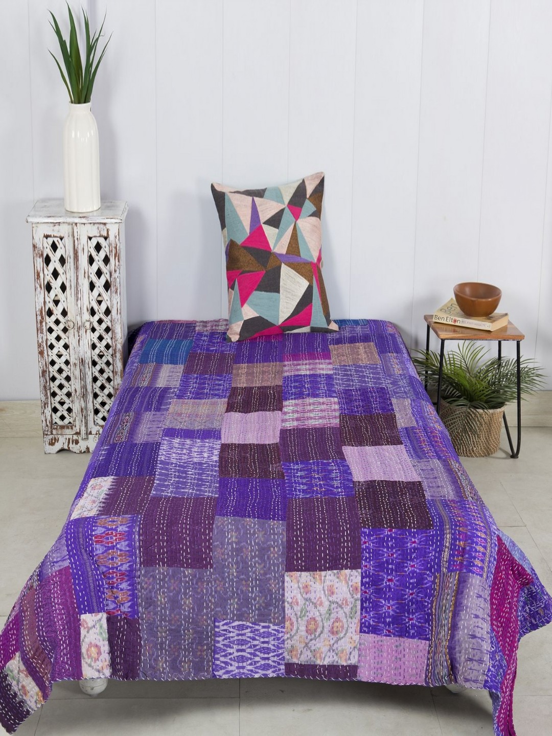 

HANDICRAFT PALACE Purple Printed Kantha Patchwork Bed Cover
