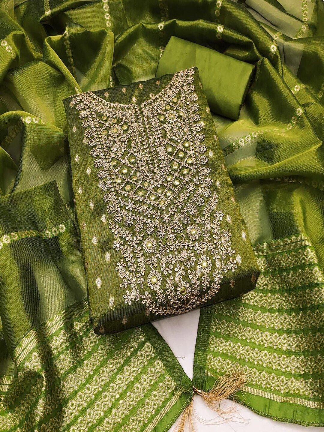

REALLTREND Floral Mirror Work Embroidered Unstitched Dress Material, Green