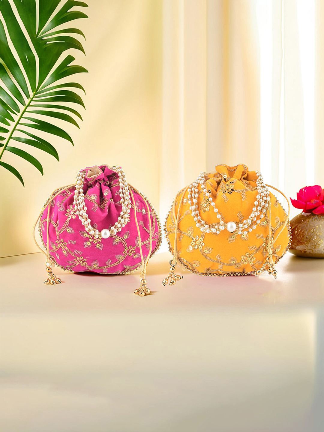 

Kuber Industries 2 Pcs Polyester Potli Bags for Women Embroidered Potli Clutch, Pink