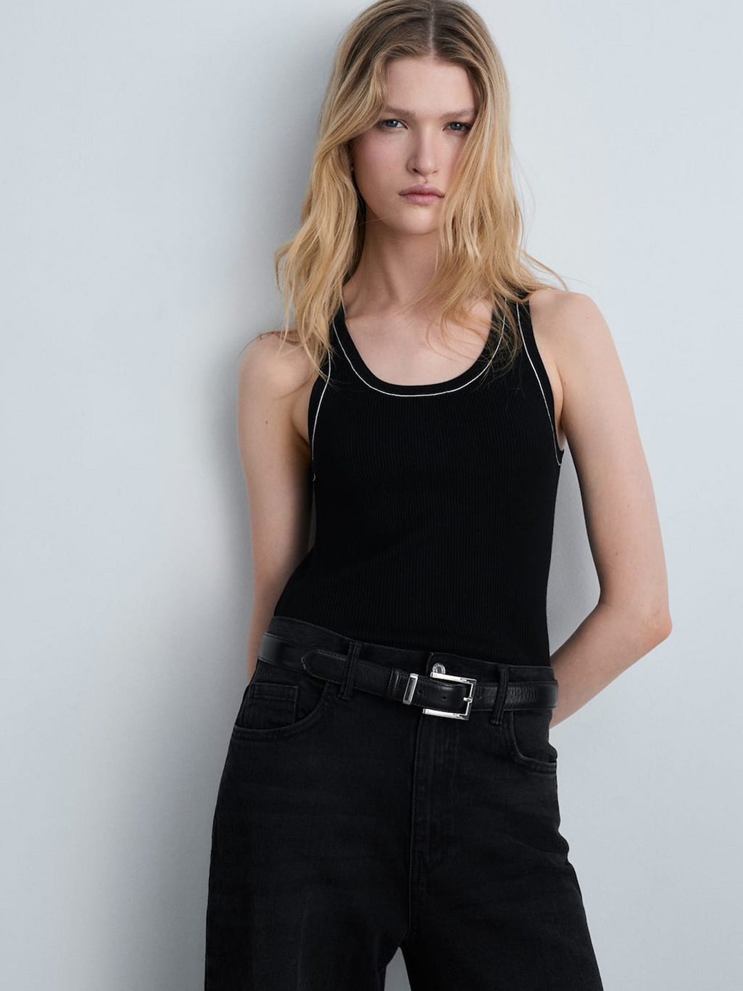 

MANGO Ribbed Slim Fit Tank Top with Piping Detail, Black