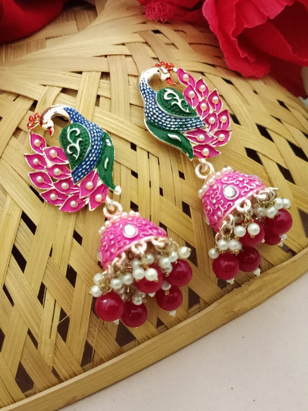 

DIVASTRI Gold-Plated Artificial Beads Peacock Shaped Jhumkas Earrings, Rose