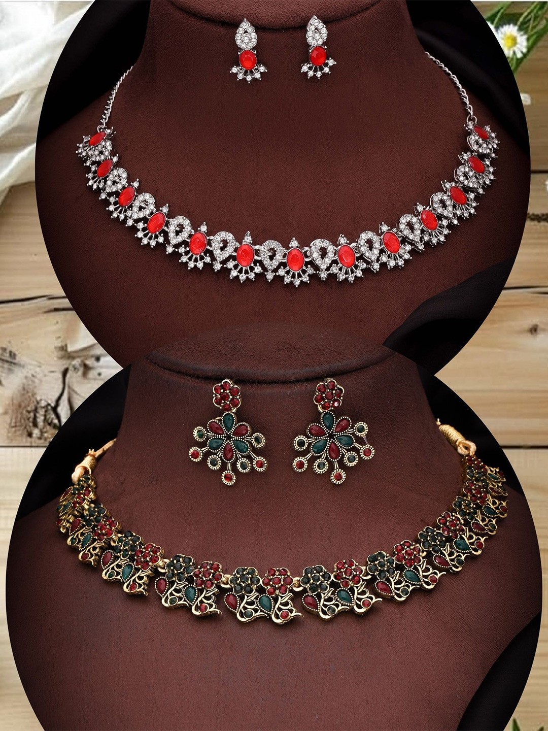 

DIVASTRI Set Of 2 Gold-Plated Stones Studded Jewellery Sets, Silver