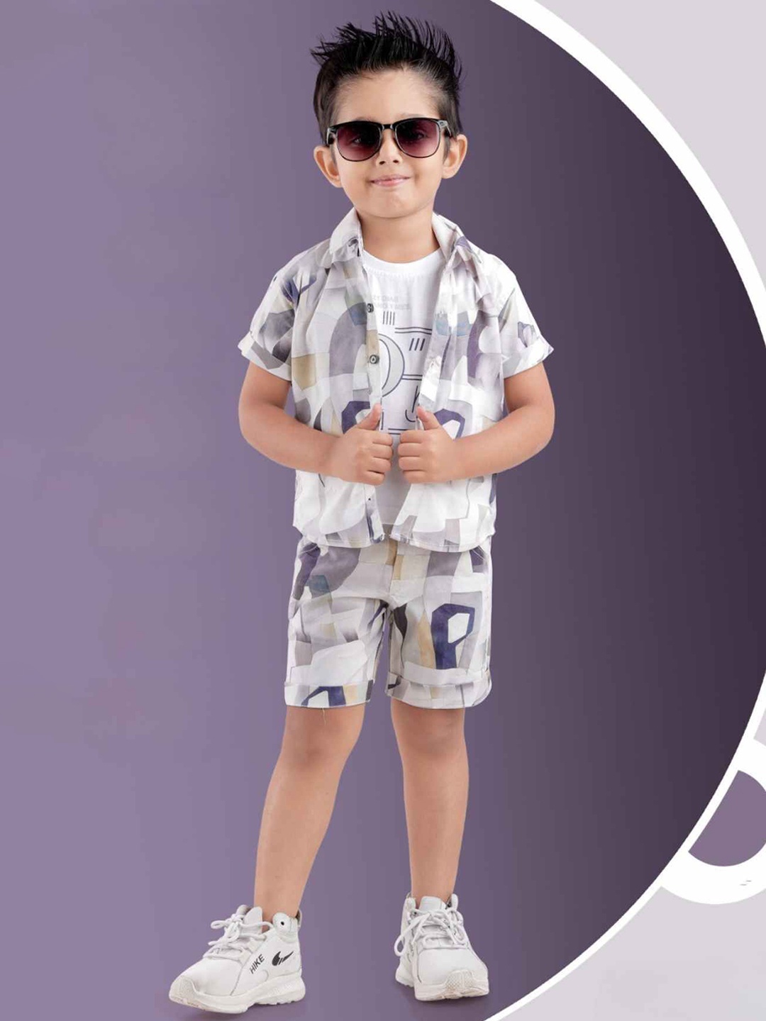 

Lagorii Boys Printed Pure Cotton Shirt & Shorts Clothing Set, Grey