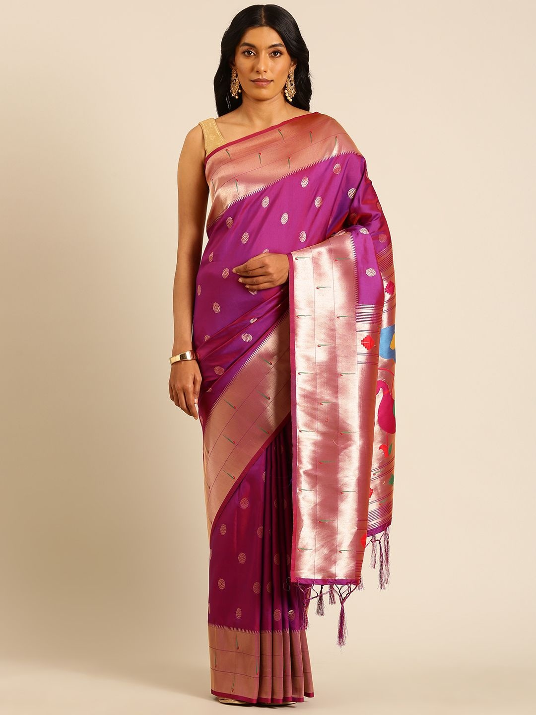 

DIVASTRI Woven Design Zari Silk Blend Designer Paithani Saree, Purple