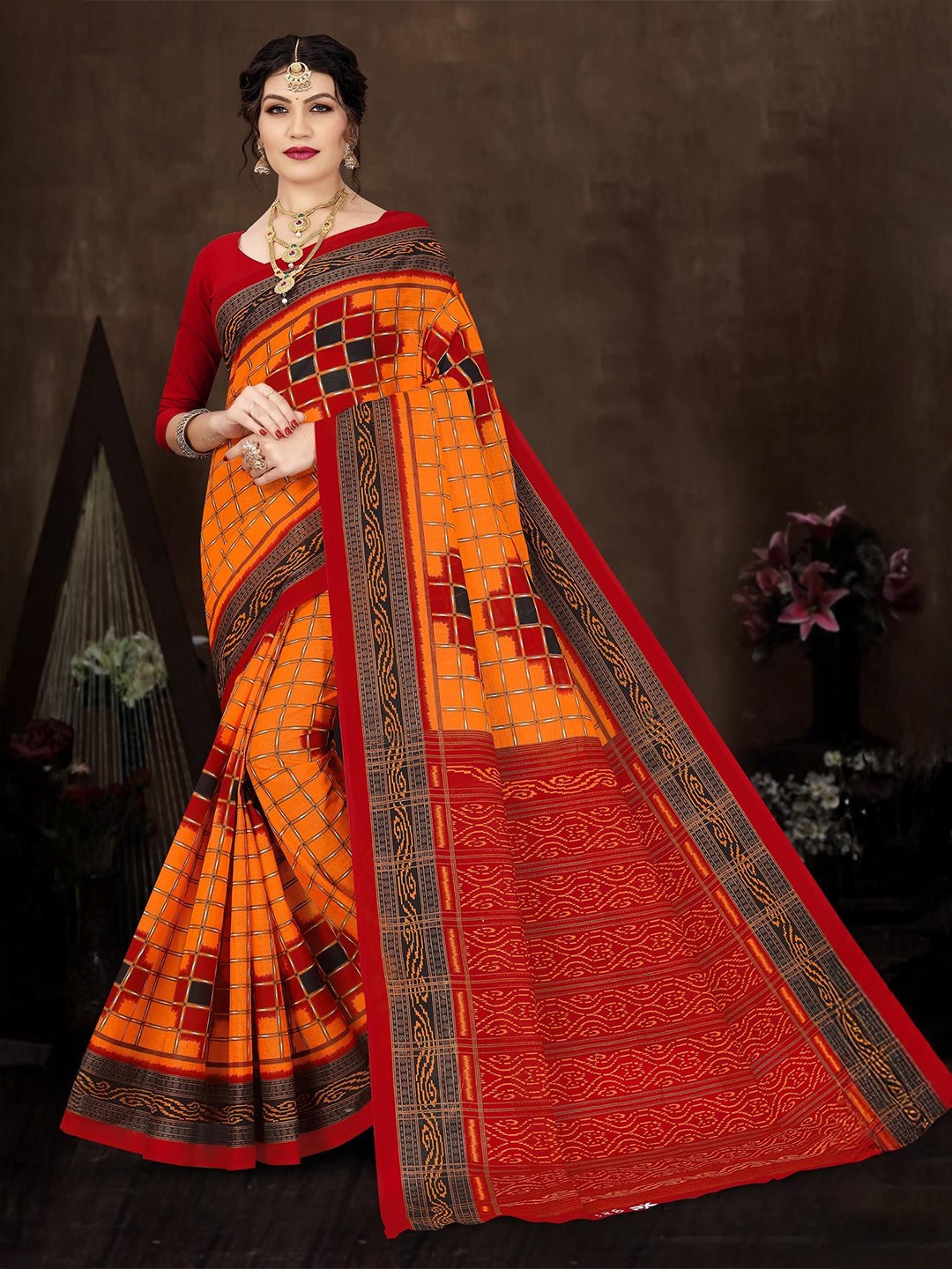 

pasapalli Pure Cotton Sambalpuri Saree, Orange