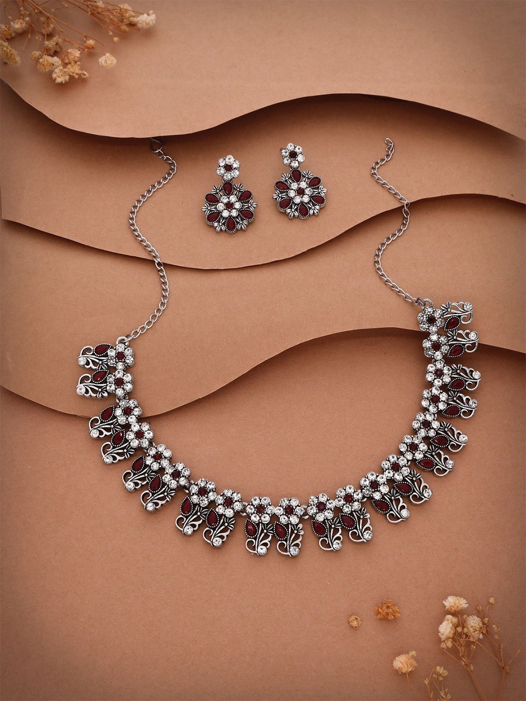 

DIVASTRI Set Of 2 Silver-Plated American Diamond Studded Jewellery Set
