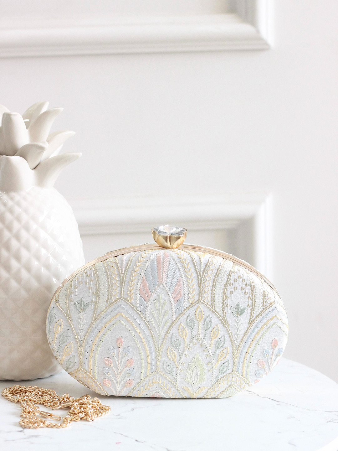 

BOXWISH BY BHUMIKA Embellished Half Moon Clutch, White