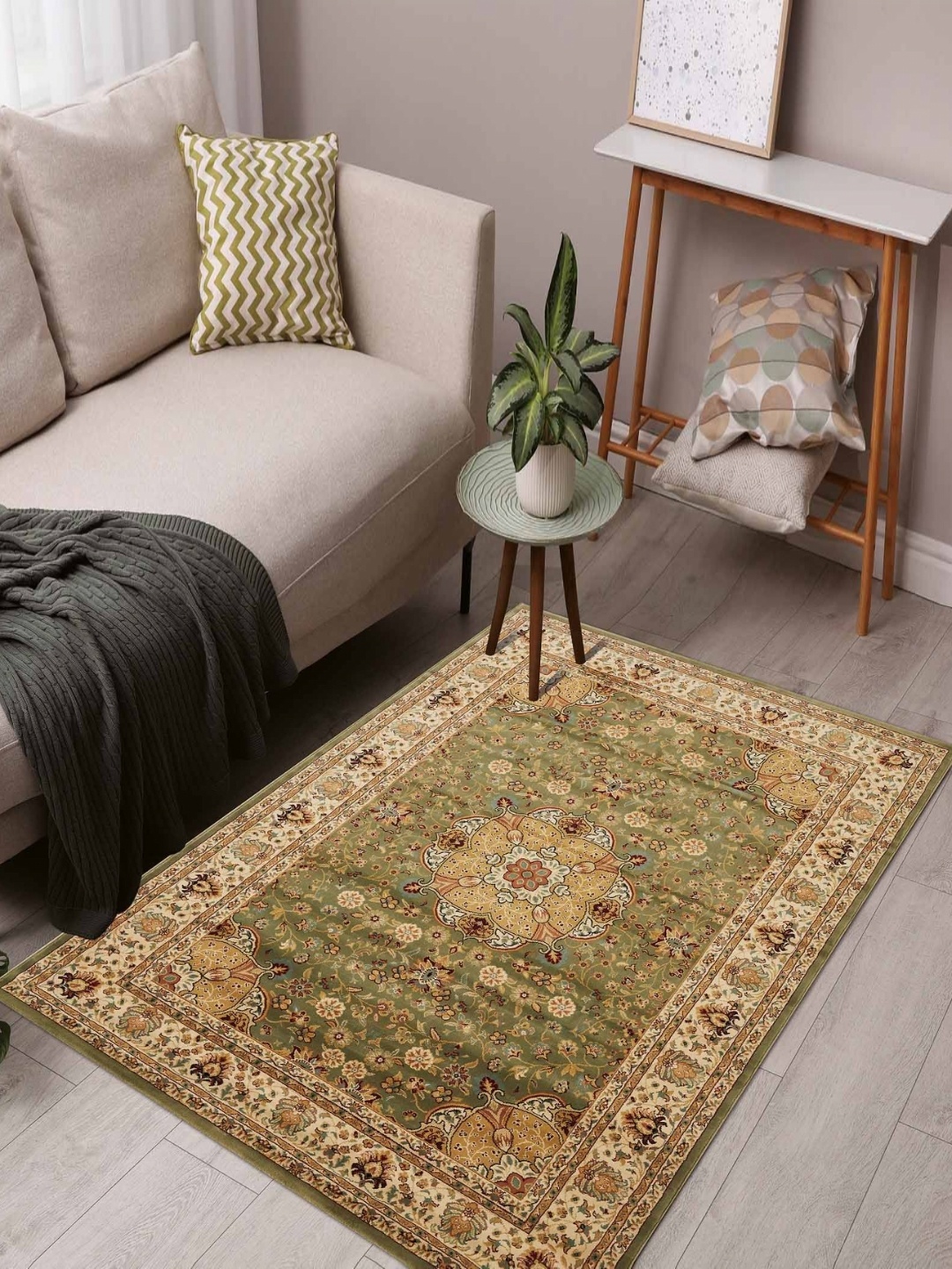

OBSESSIONS Olive Green Ethnic Motifs Anti-Skid Polypropylene Carpet