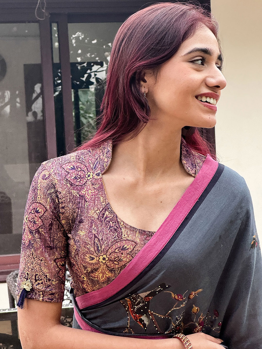 

Bindigasm's Advi Printed Jacquard Stretchable Saree Blouse, Purple