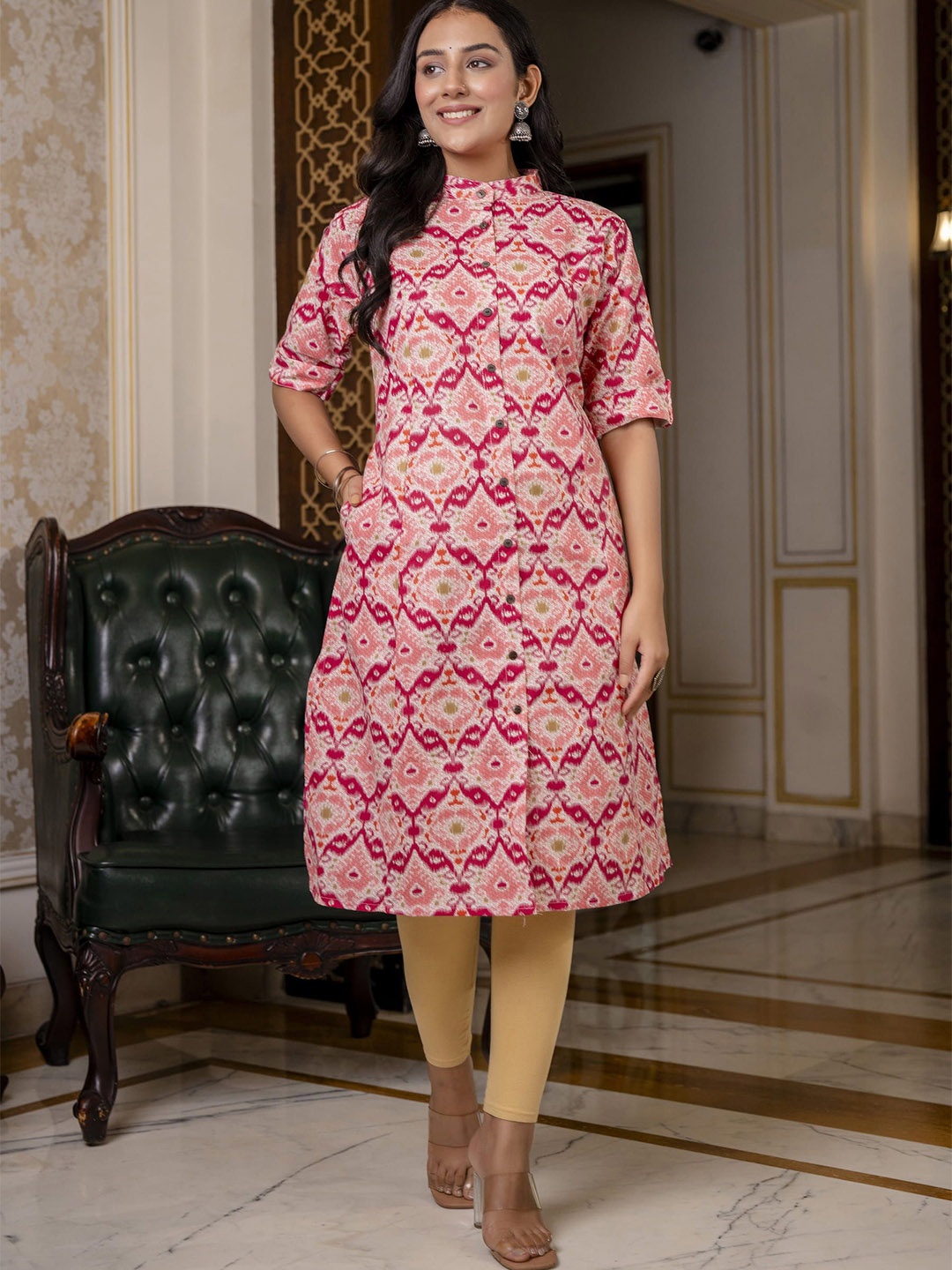 

TRIVEDI Leaf Printed Pure Cotton A-Line Kurta, Pink