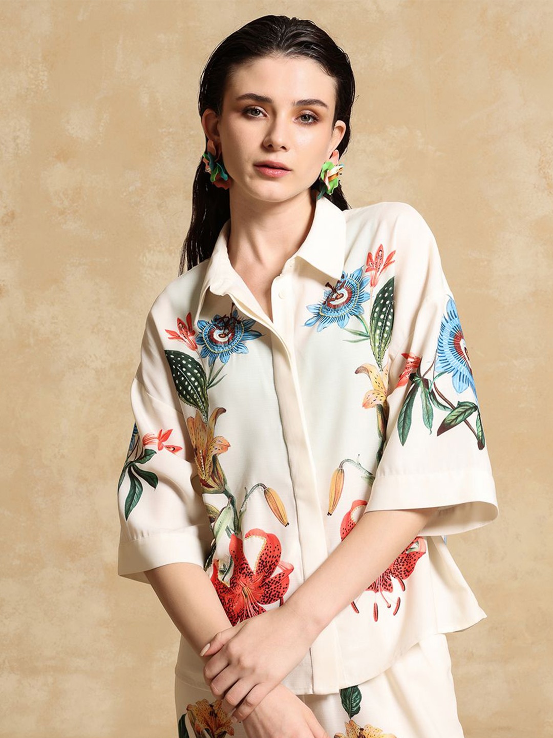 

Kazo Women Floral Opaque Printed Party Shirt, Beige