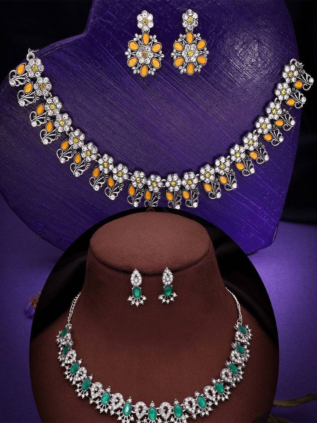 

DIVASTRI Set Of 2 Silver Plated American Diamond Studded Jewellery Set