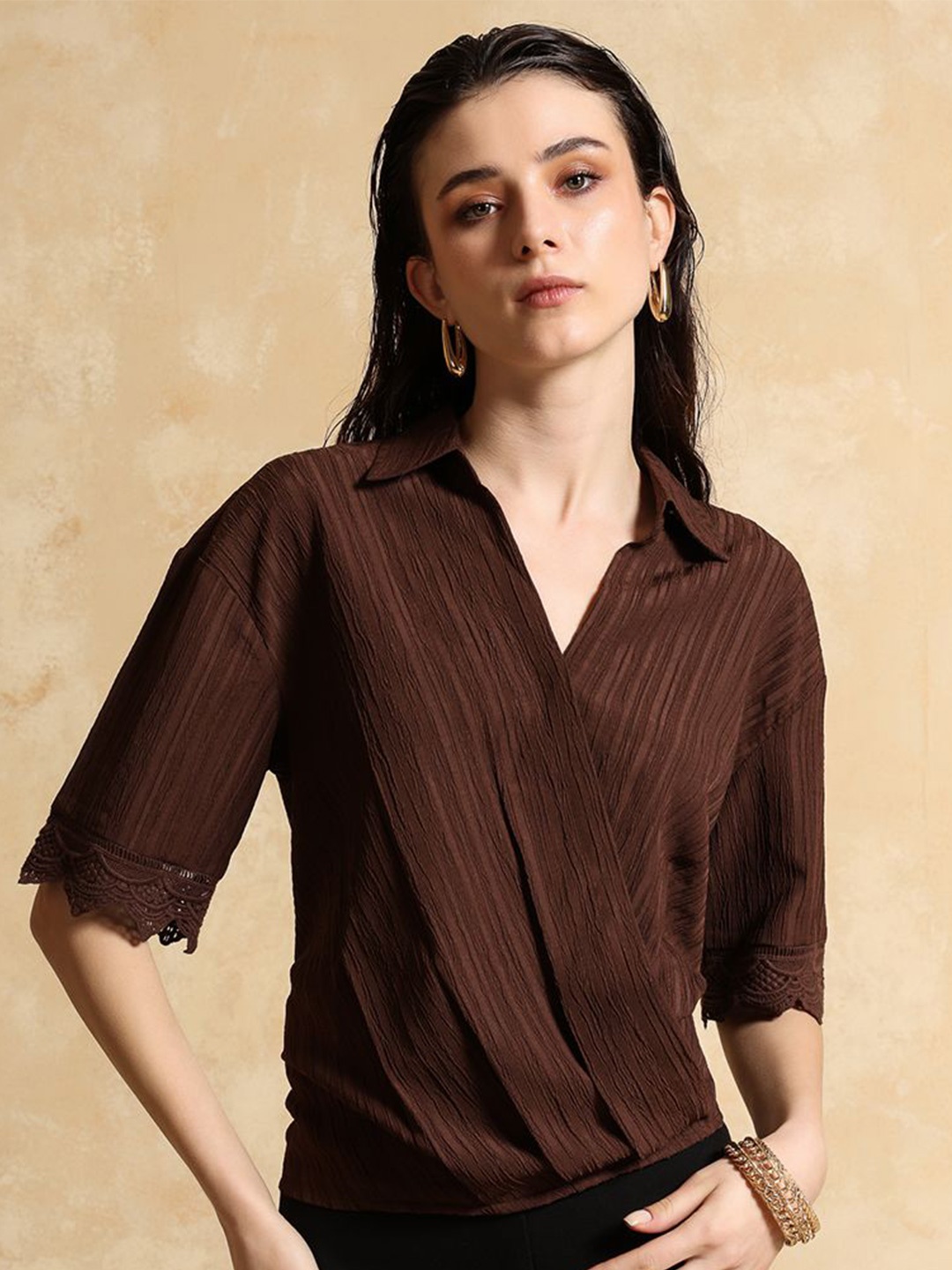 

Kazo Women Self Design Shirt Style Top, Brown
