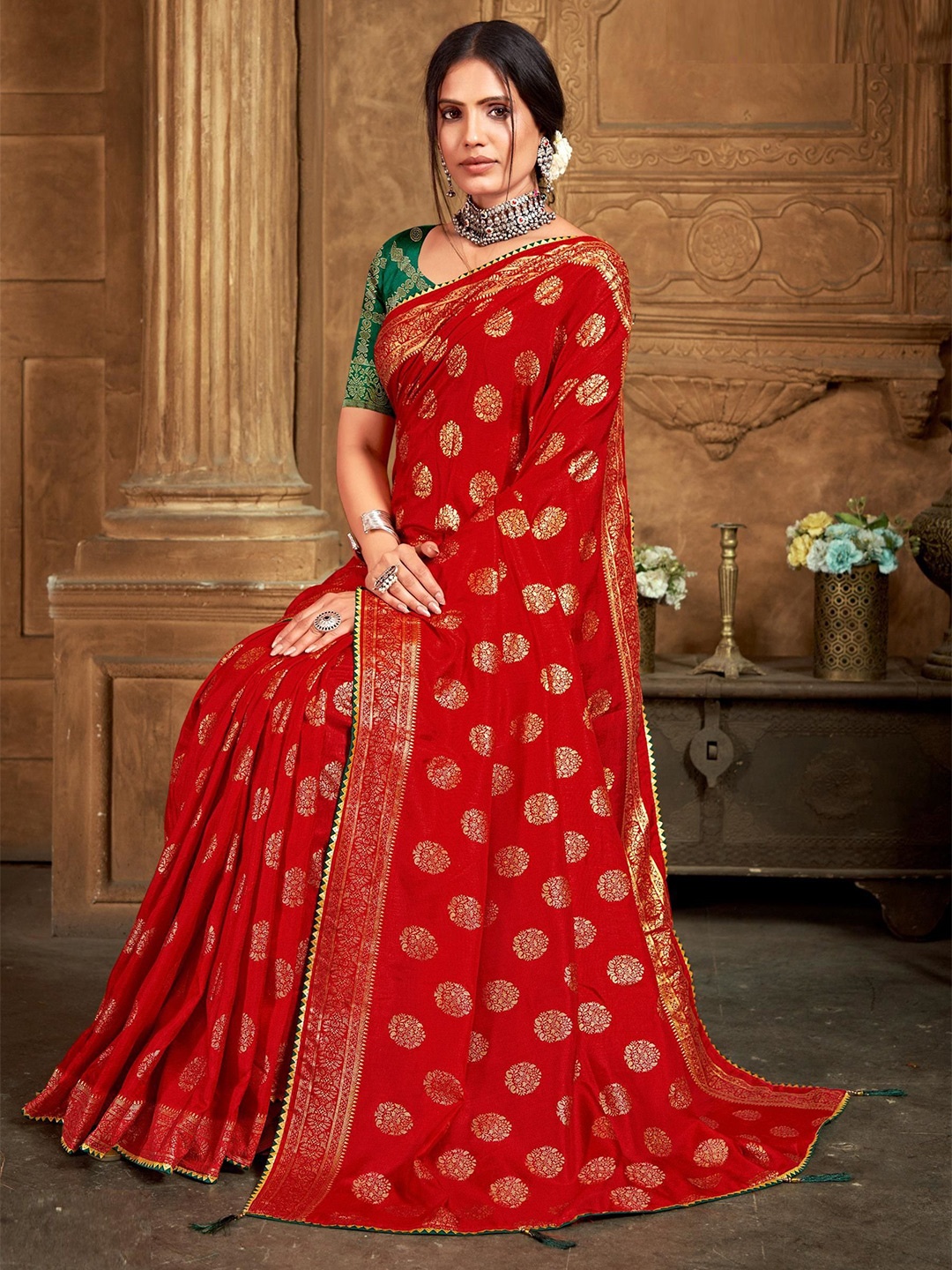 

Reboot Fashions Embellished Gotta Patti Silk Blend Designer Bhagalpuri Saree, Red