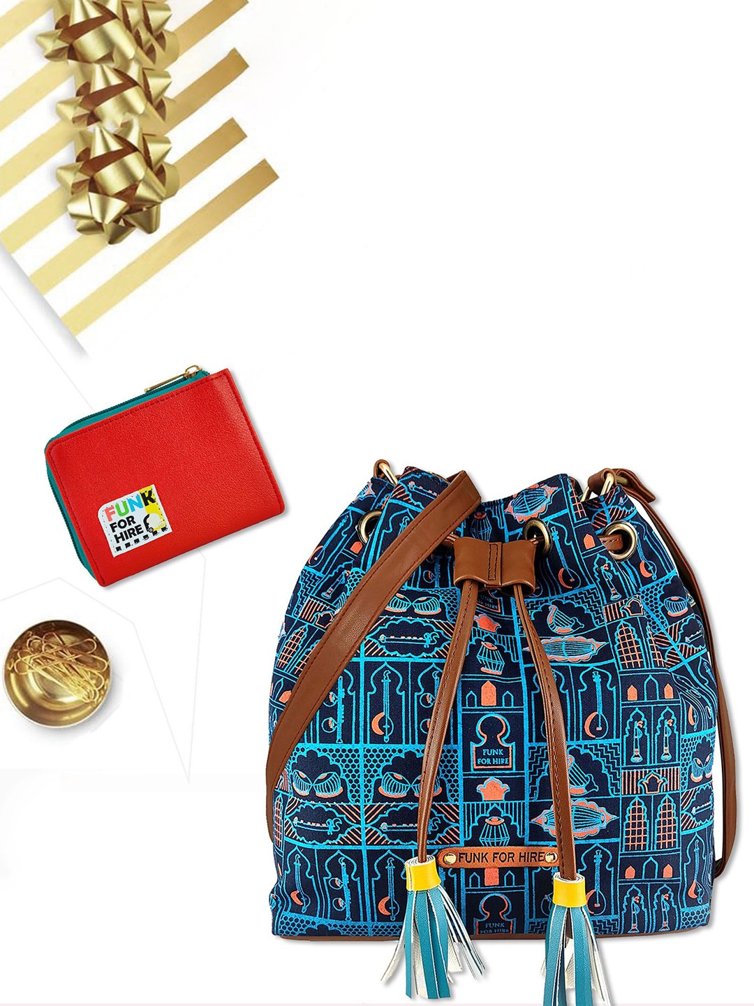 

Funk For Hire Ethnic Motifs Printed Bucket Sling Bag, Navy blue