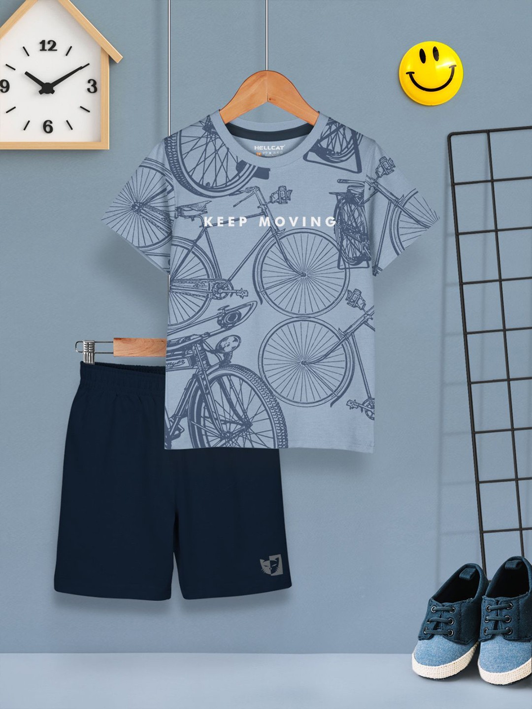 

HELLCAT Boys Printed Round Neck T-Shirt With Shorts, Grey