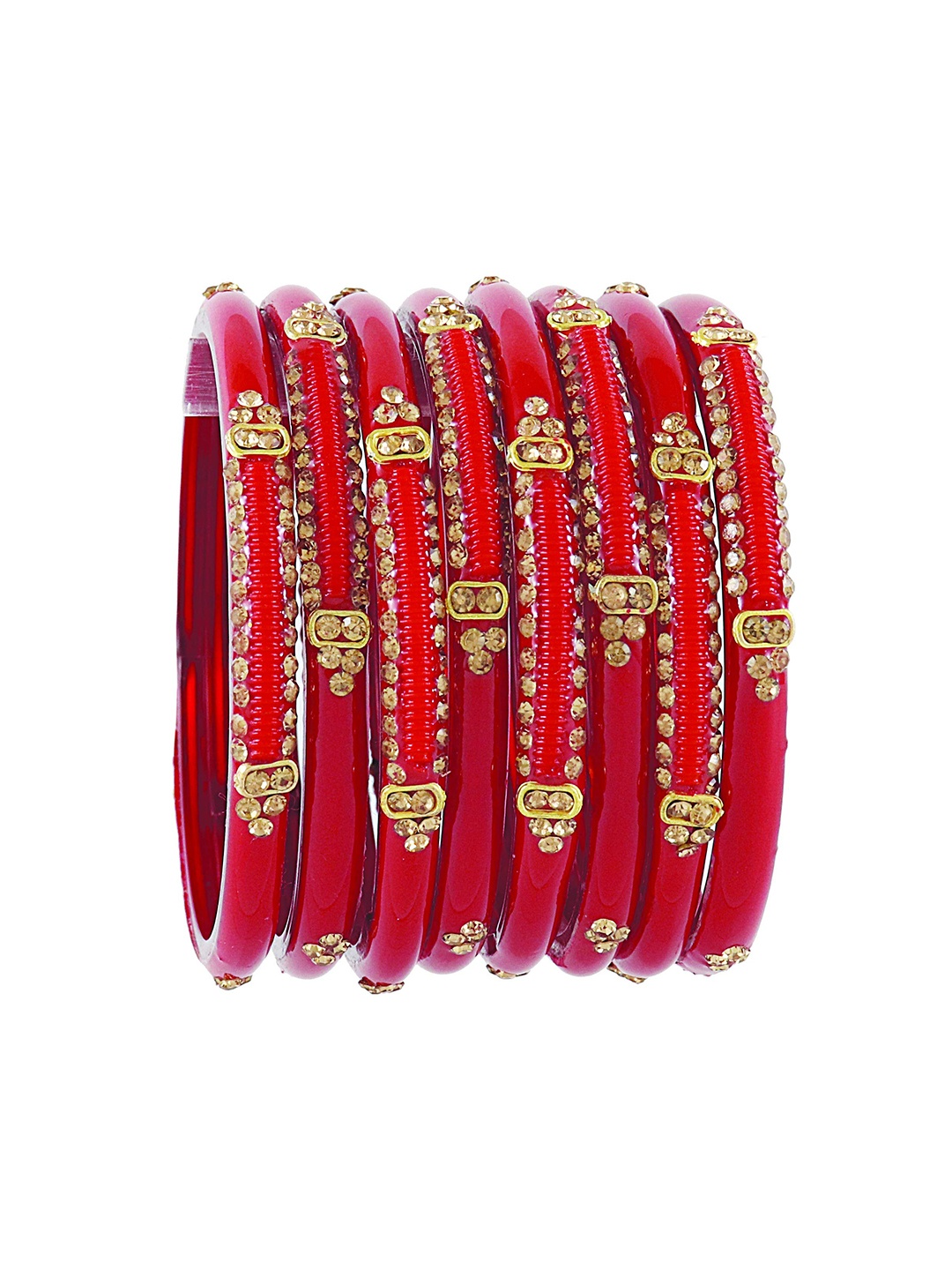 

ZULKA Set Of 8 Glass With Zircon Gemstone Studded Bangles, Red