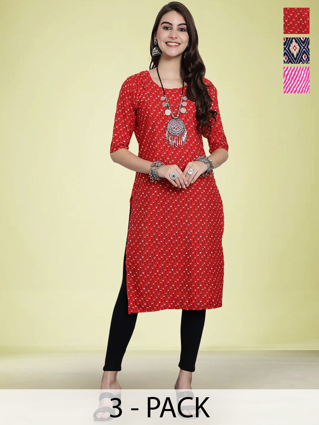 

Moda Rapido Selection Of 3 Geometric Printed Round Neck Straight Kurtas, Red