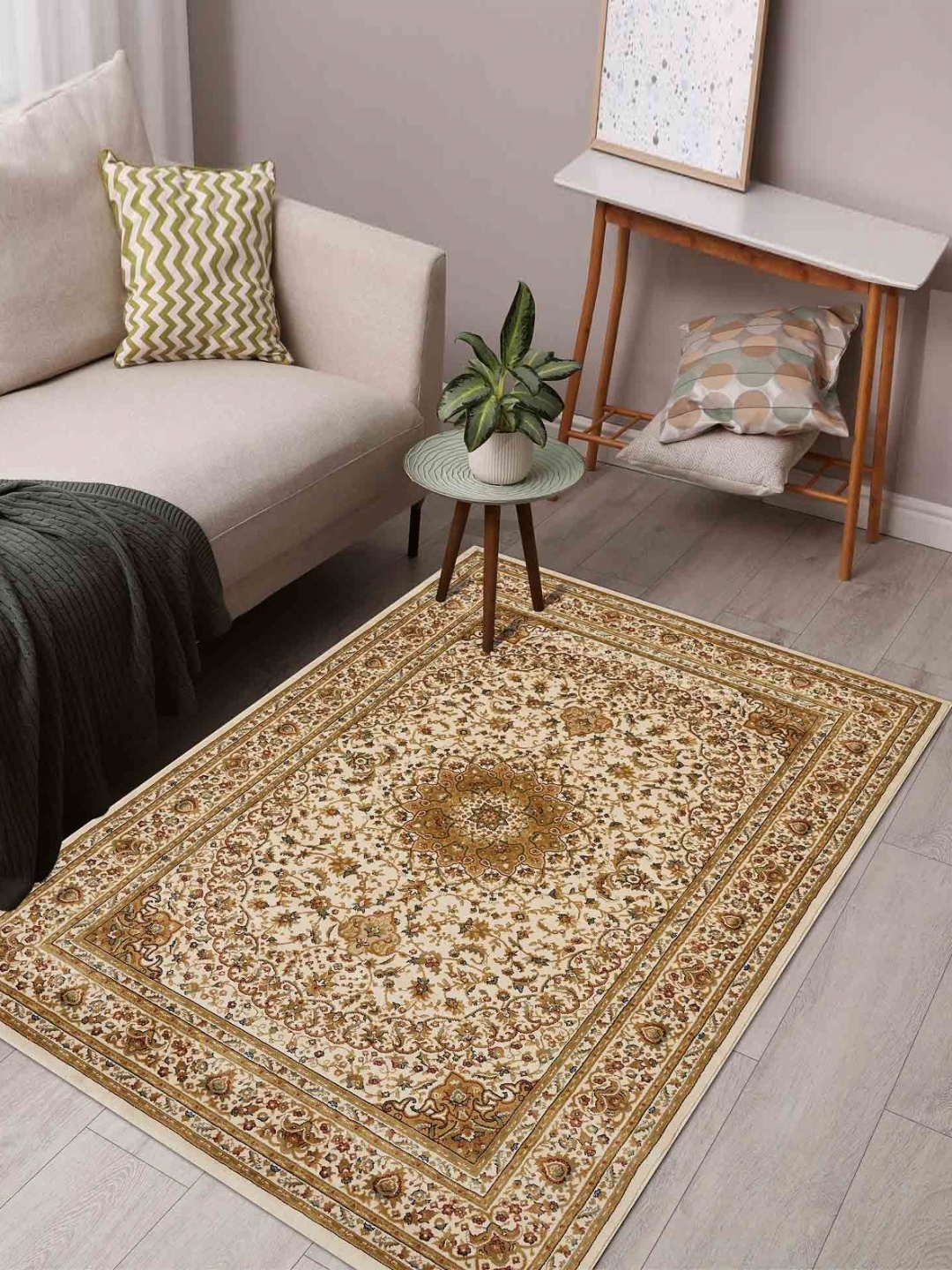 

OBSESSIONS Beige Ethnic Motifs Anti-Skid Polypropylene Carpet