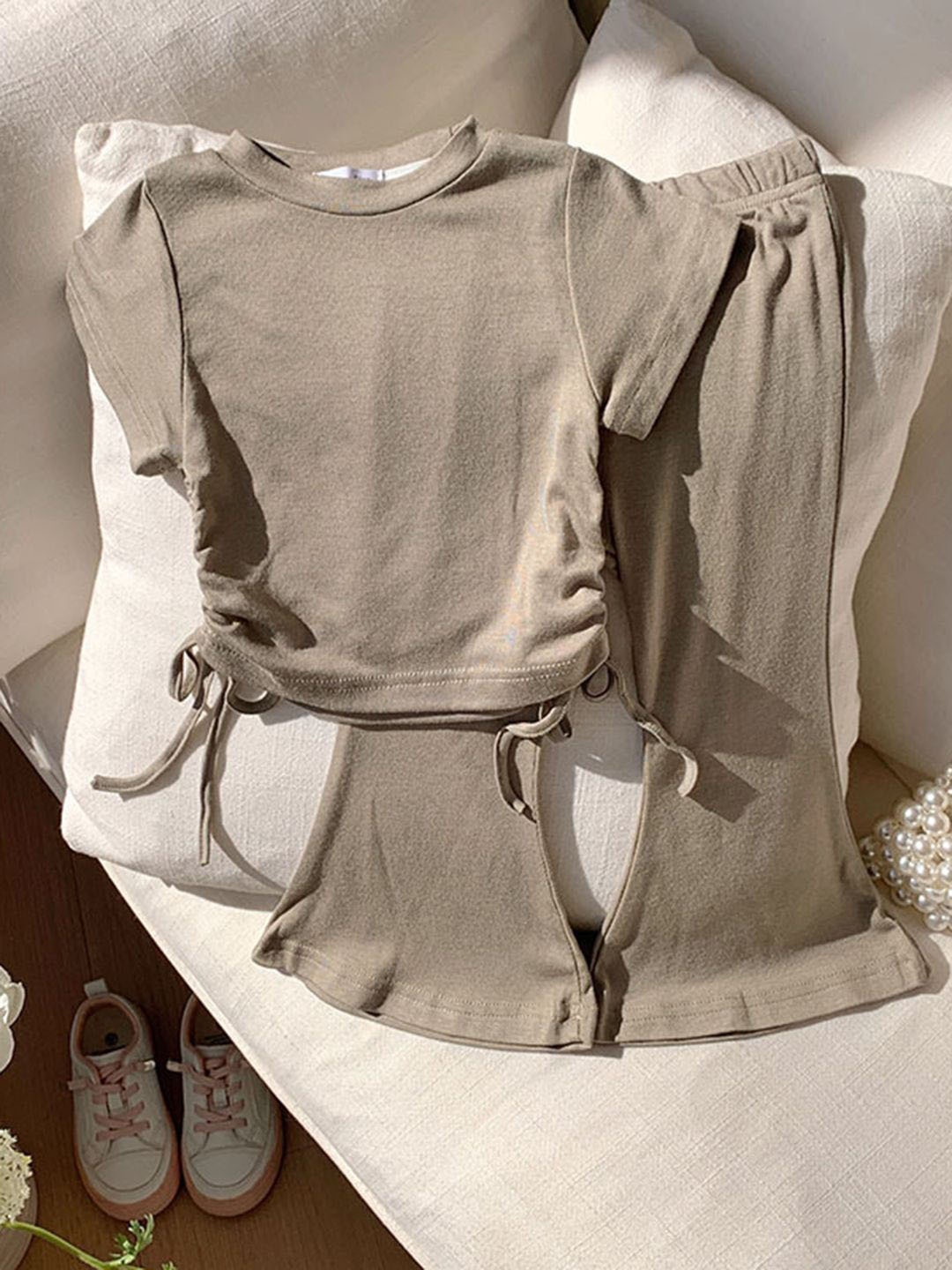 

YK Girls Top With Trousers, Coffee brown