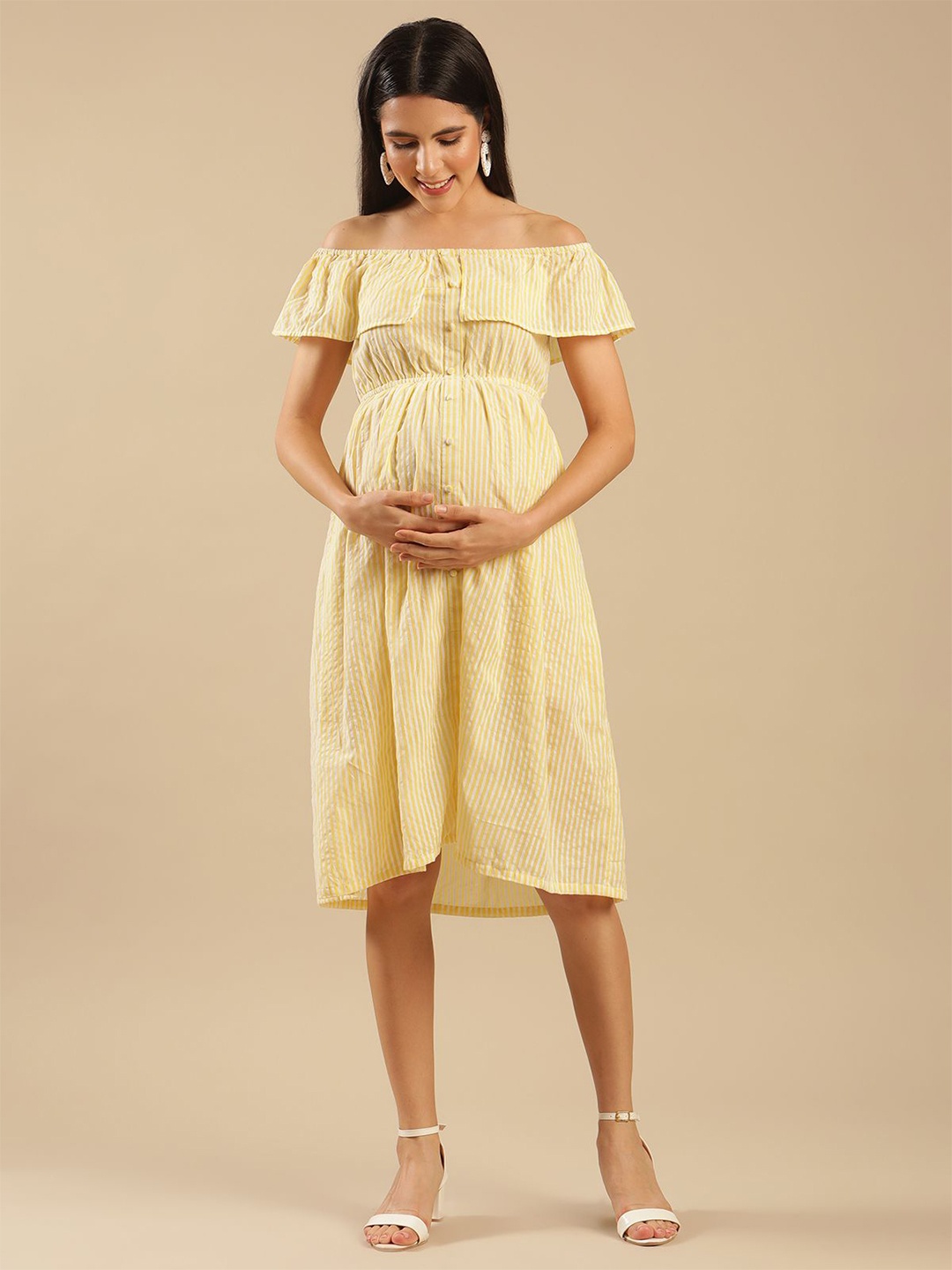 

Shades of Sabi Floral Print Off-Shoulder Empire Midi Maternity Dress, Yellow