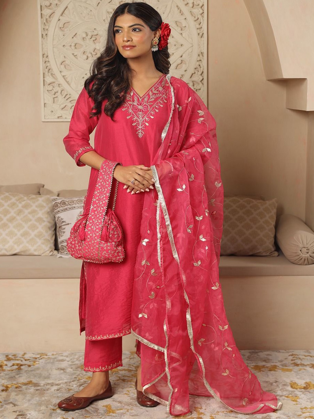 

ASRUMO Women Embroidered Regular Chanderi Silk Kurta with Trousers & With Dupatta, Pink